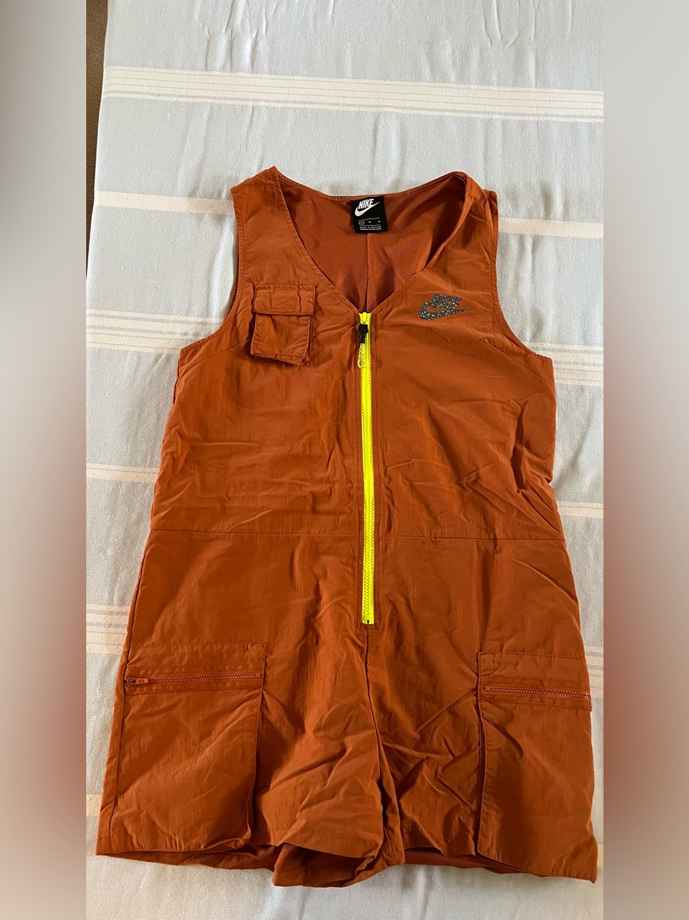 Nike Rust Orange Sleeveless Utility Romper with Neon Yellow Zipper